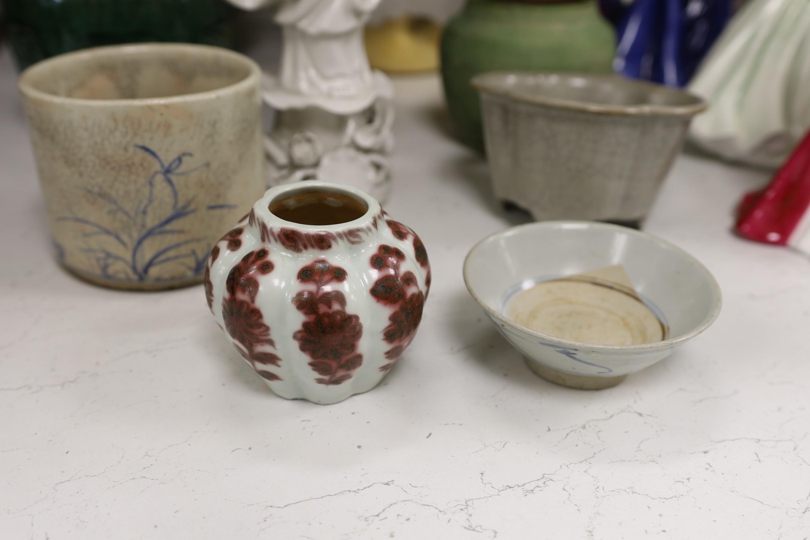 A group of Chinese and studio ceramic vases and bowls, to include a figure of Guangyin, 37.5cm tall